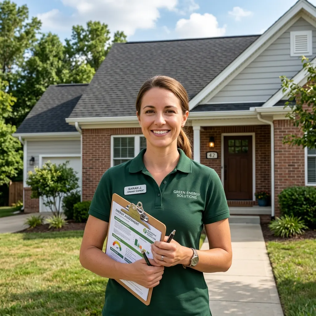 Energy consultant standing in front of a home